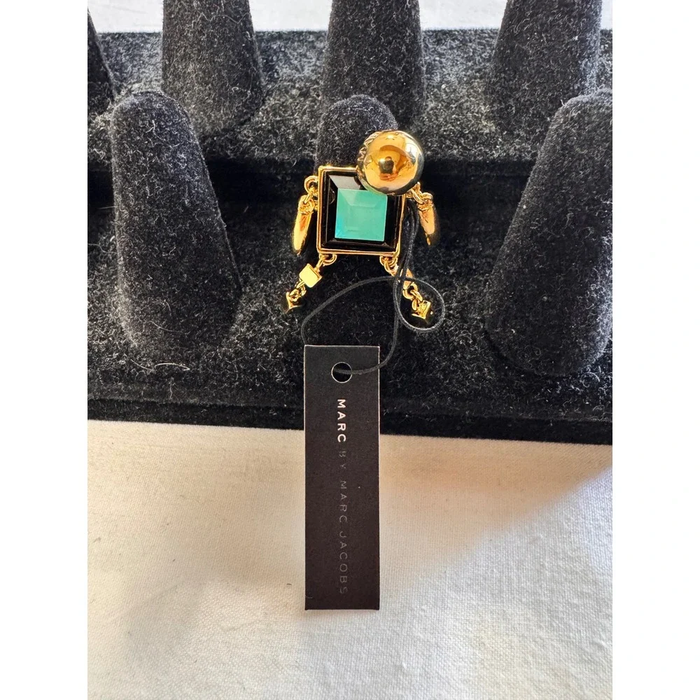 Marc by Marc Jacobs Ring Set Rose Gold Textured & Dusty Jade Green Robot NWT